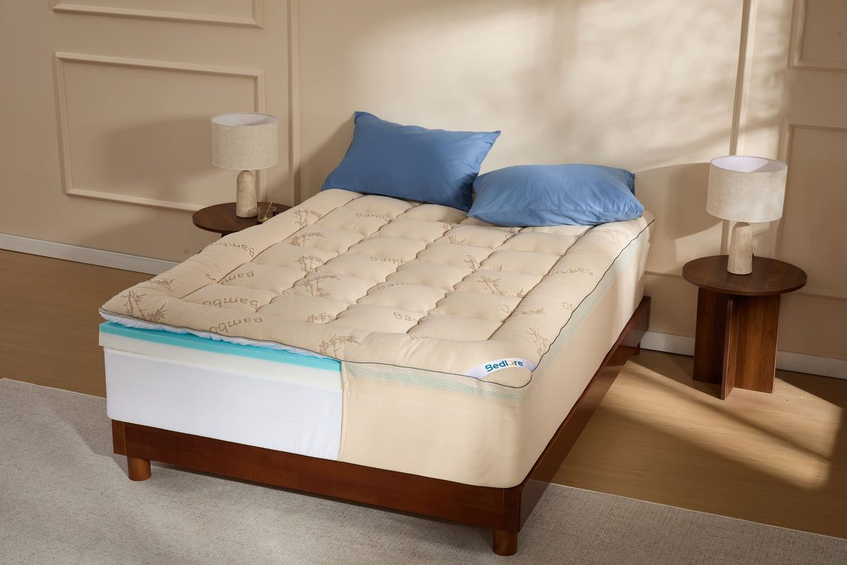 Bamboo Cooling Mattress Topper with 4'' Dual Memory Foam